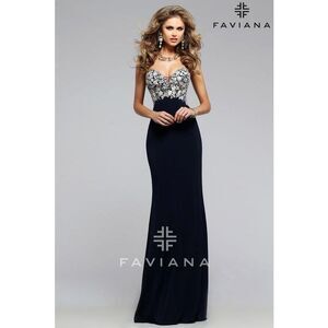 Faviana S7715 navy blue jersey gown gold/silver lace applique size 4 NWOT